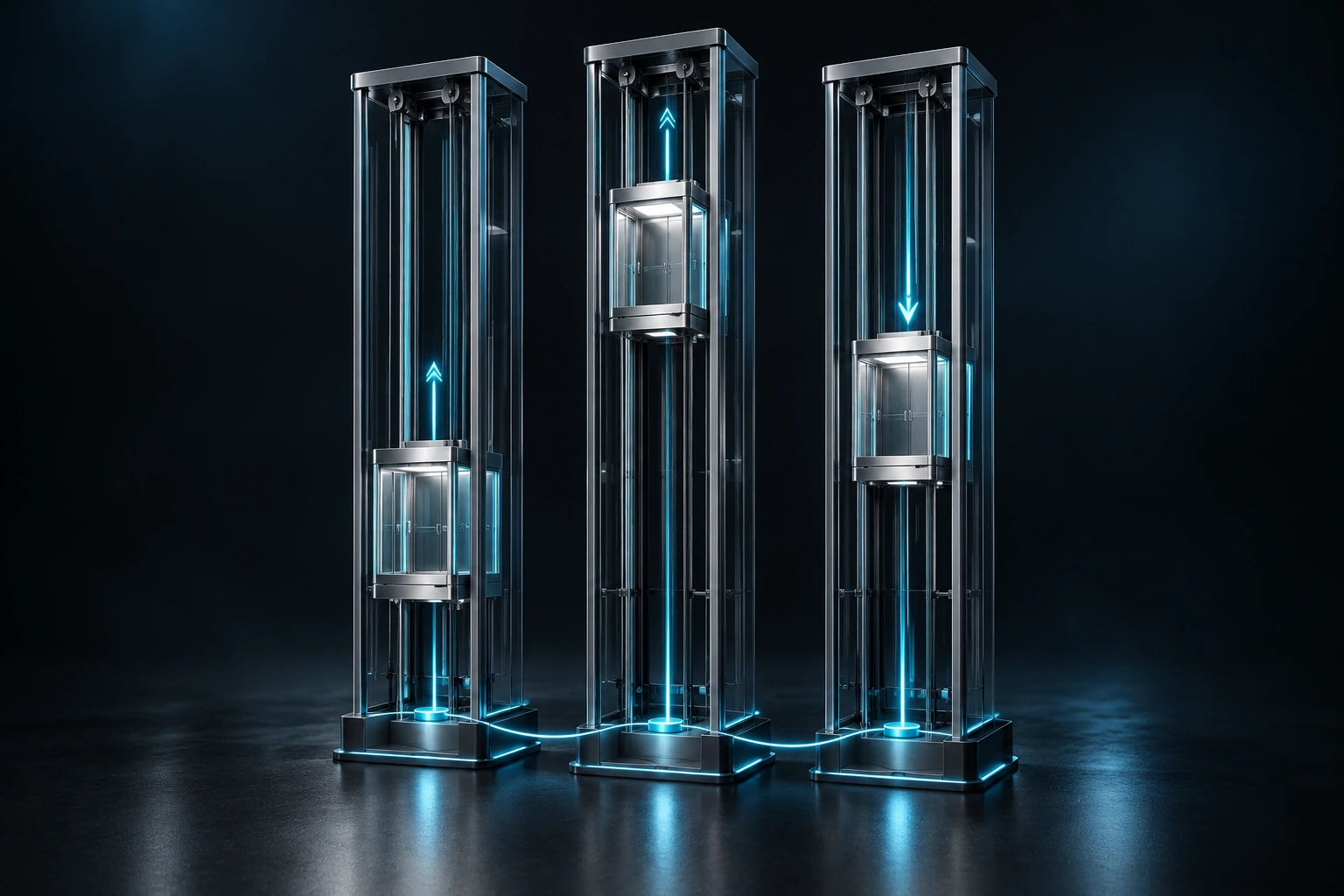 AI-assisted concept illustration of three vertical lift paths and coordinated dispatch