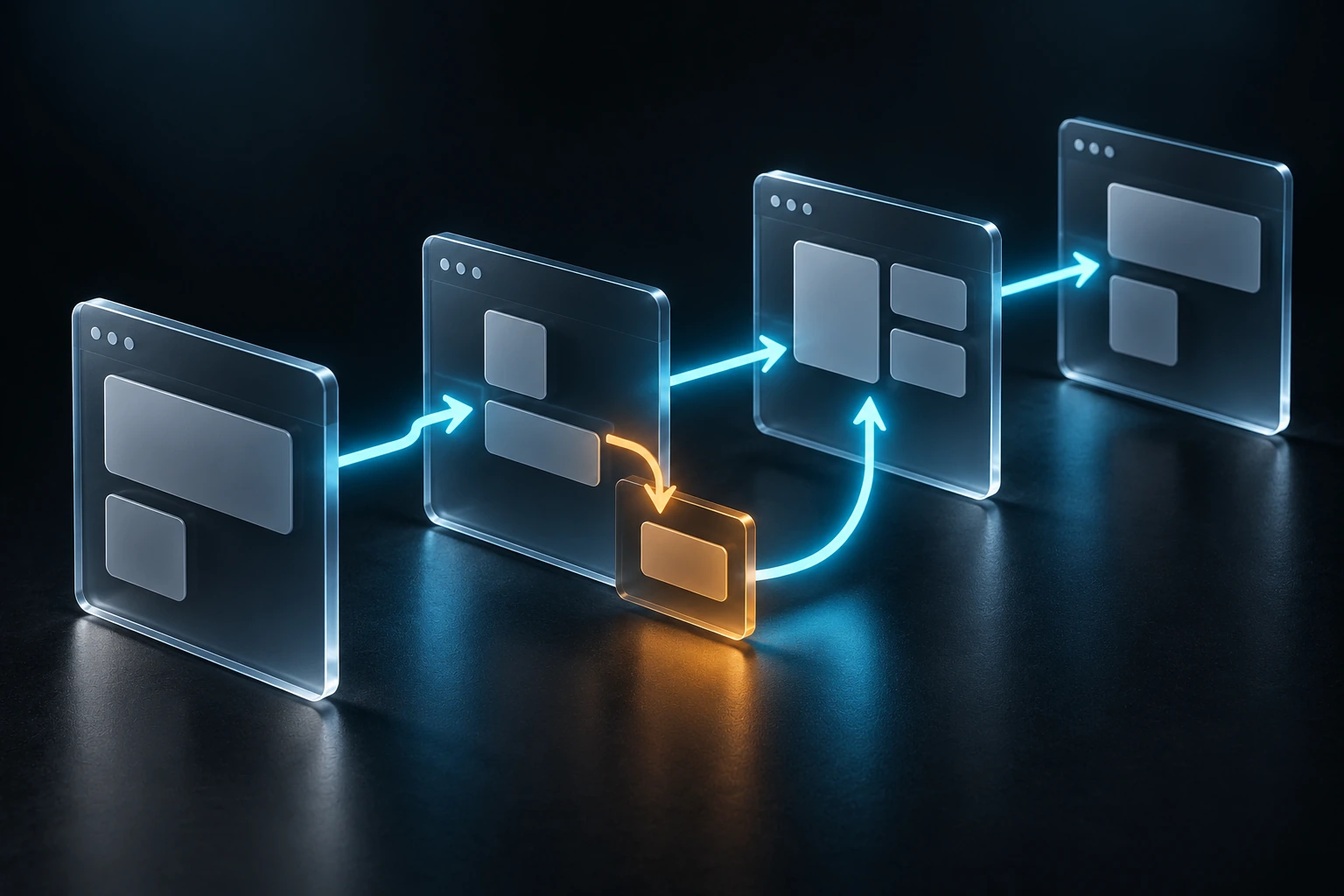 AI-assisted concept illustration of interface windows, an error branch and a cyan recovery path