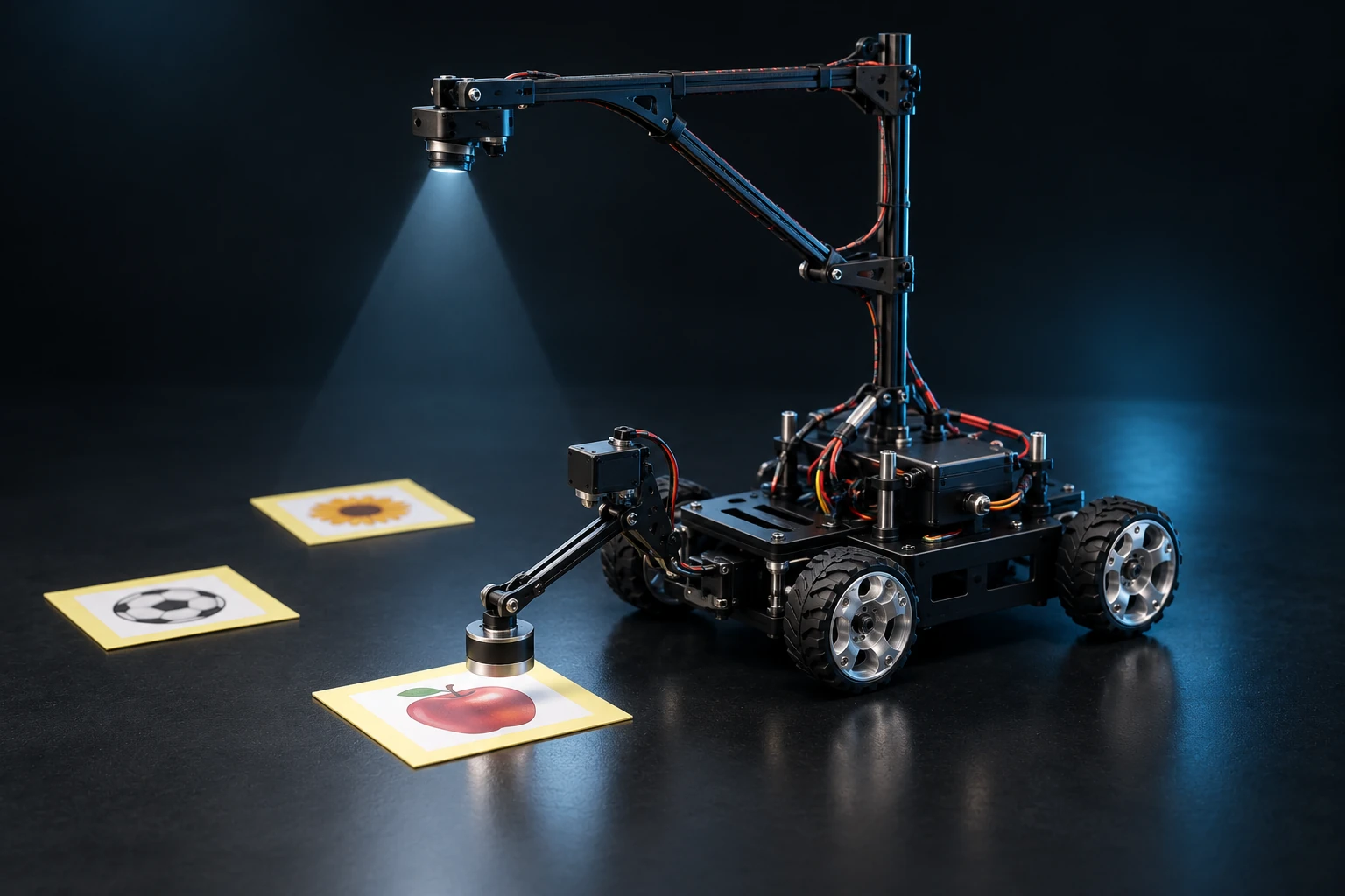 AI-assisted platform illustration of a four-wheel vehicle with a high-mounted downward-facing camera and an electromagnetic arm picking up floor picture cards